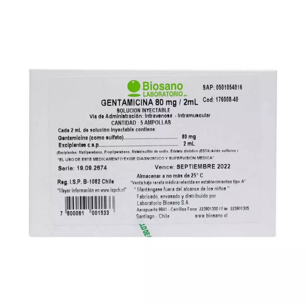 Gentamicina 80mg/2ml 5 Ampollas Laboratorio Biosano