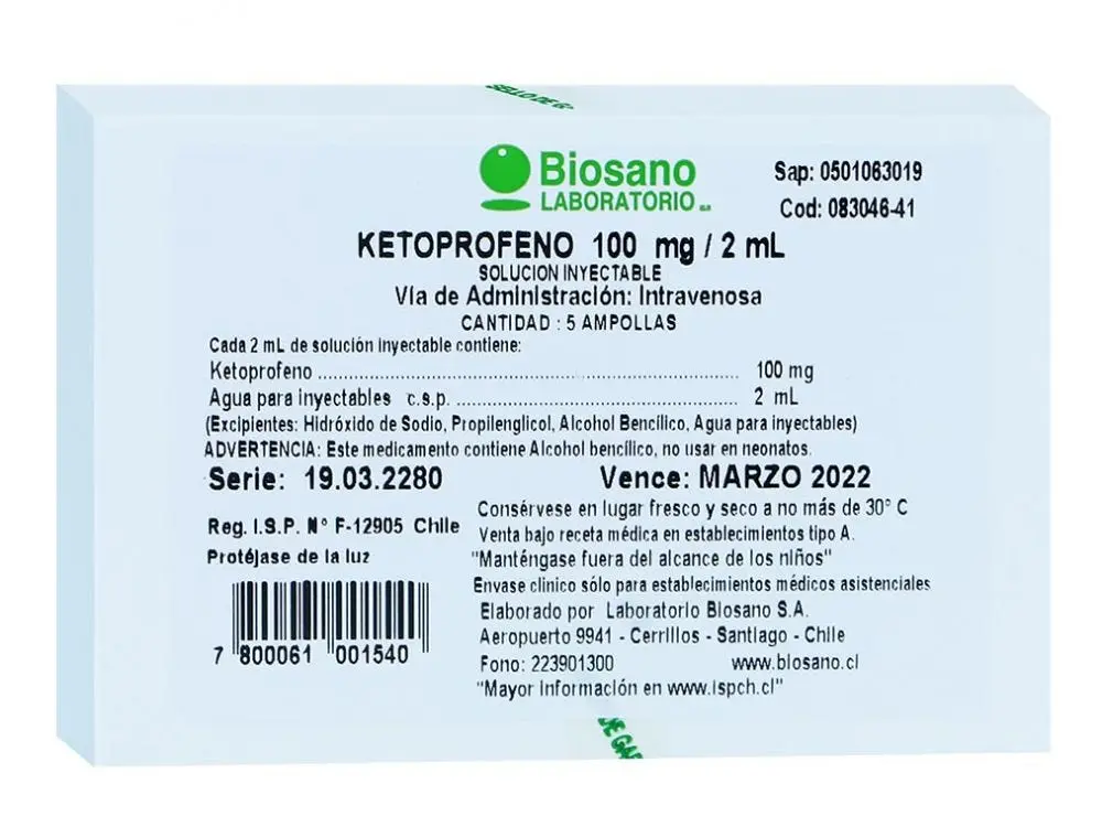 Ketoprofeno 100mg/2ml 5 Ampollas Laboratorio Biosano